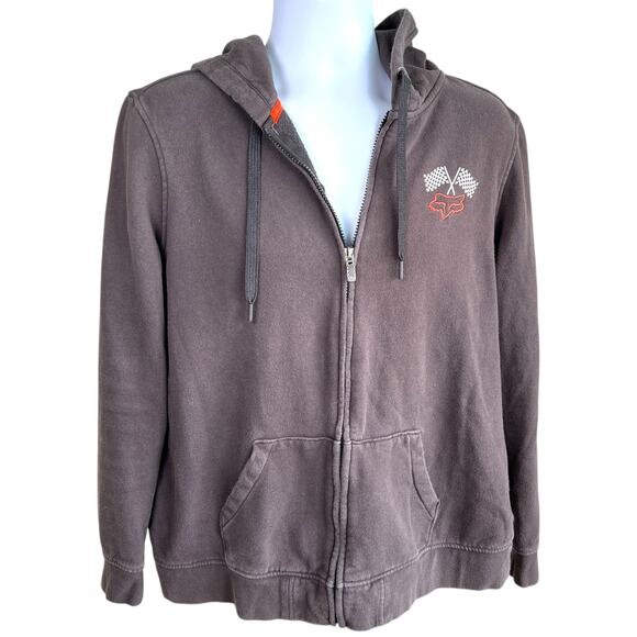 Fox Racing Checkered Flag Zip Up Hoodie Gray Womens Extra Large Y2K Racing Moto - Picture 1 of 7